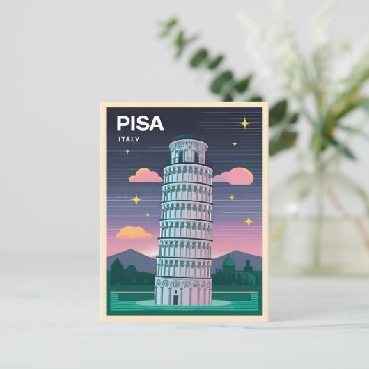 Retro 80s Neon Synthwave Leaning Tower Pisa Italië Briefkaart (Staand voorkant)