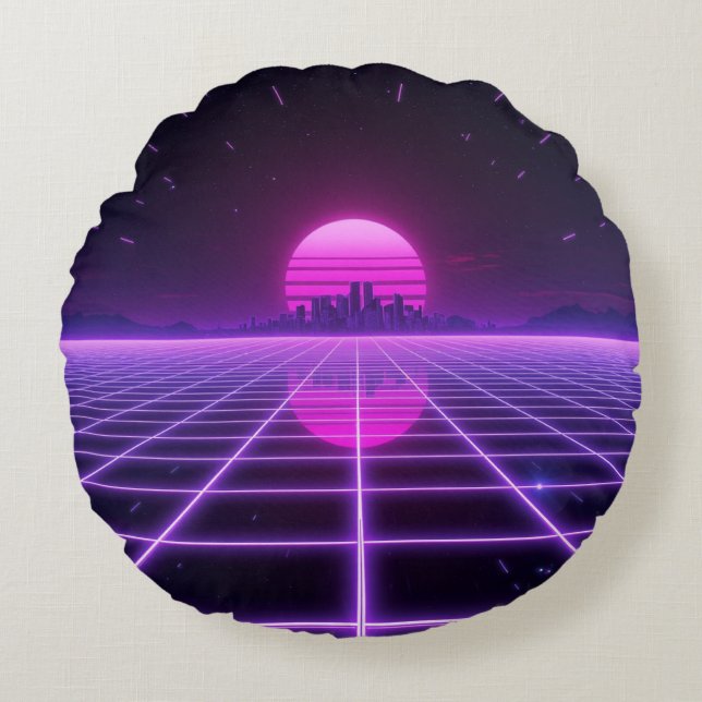 Retro 80's Neon Synthwave Raster Rond Kussen (Voorkant)