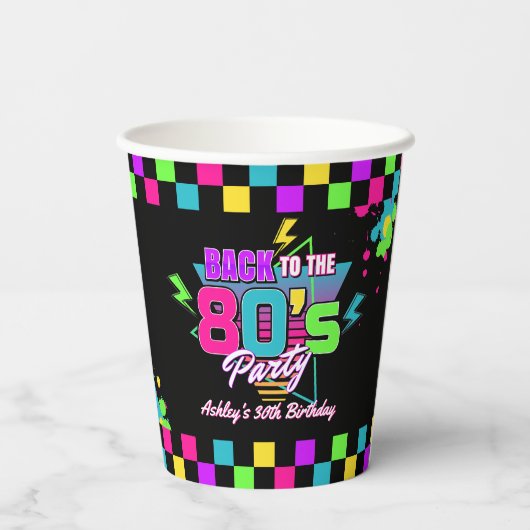 Retro 80's Neon Verjaardag Party Papieren Cups Papieren Bekers (Achterkant)