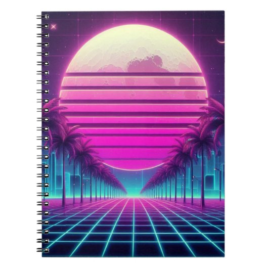 retro, 80s neon zonsondergang/palmen notitieboek (Voorkant)