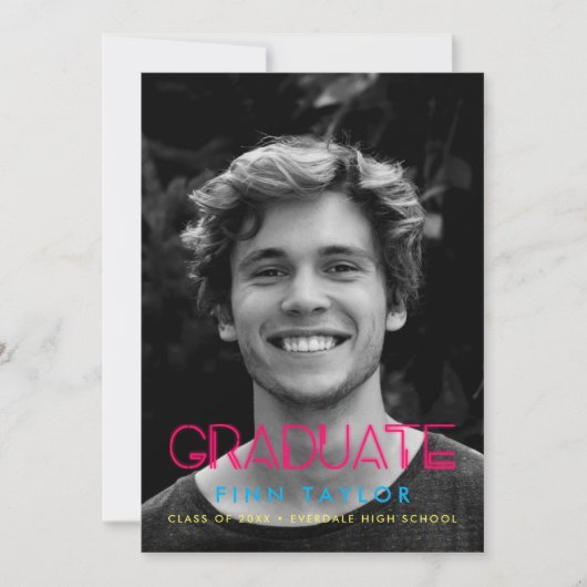 Retro 80s neonverlichting Foto-afstuderen Aankondiging (Voorkant)