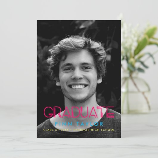 Retro 80s neonverlichting Foto-afstuderen Aankondiging (Staand voorkant)