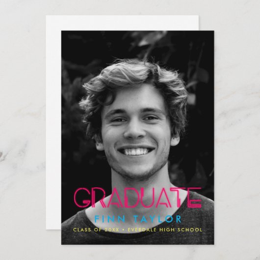 Retro 80s neonverlichting Foto-afstuderen Aankondiging (Voorkant / Achterkant)