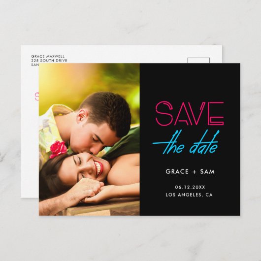Retro 80s Neonverlichting Sla de datumfoto op Aankondigingskaart (Voorkant / Achterkant)