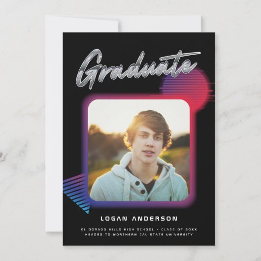 Retro 80's New Wave Afstuderen Fotoaankondiging Kaart (Voorkant)