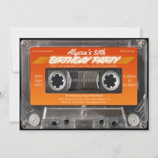 Retro 80s Oranje Mixtape Cassette Party Kaart (Voorkant)