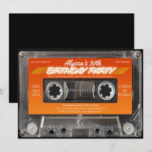 Retro 80s Oranje Mixtape Cassette Party Kaart (Voorkant / Achterkant)