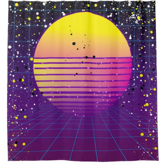 Retro 80's Paarse Gele Zon Douchegordijn (Voorkant)