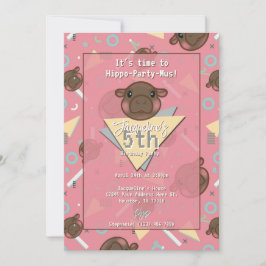 Retro 80's Pink Baby Hippo Birthday Invitation Kaart