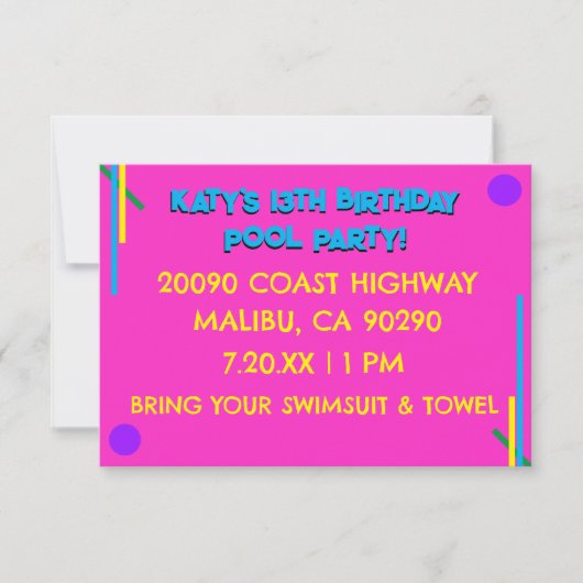 Retro 80's Pink Girl's 13e verjaardag Pool Party Kaart (Voorkant)