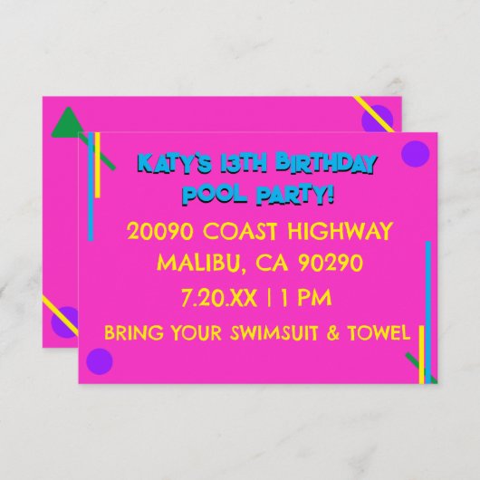 Retro 80's Pink Girl's 13e verjaardag Pool Party Kaart (Voorkant / Achterkant)