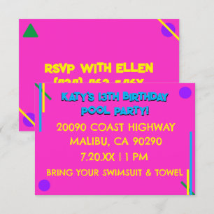Retro 80's Pink Girl's 13e verjaardag Pool Party Kaart