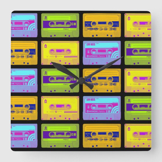 Retro 80s Pop Art Cassettebandjes Vierkante Klok (Voorkant)