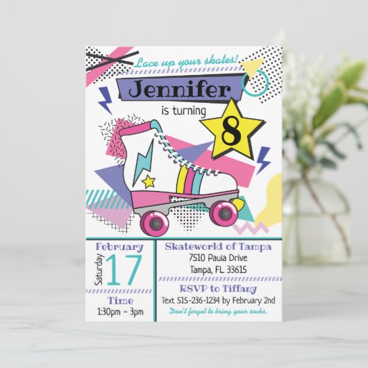 Retro 80's Schaats Party Birthday Kaart (Staand voorkant)