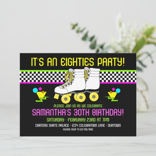 Retro 80s Schaats Party Birthday Uitnodigingen (Staand voorkant)