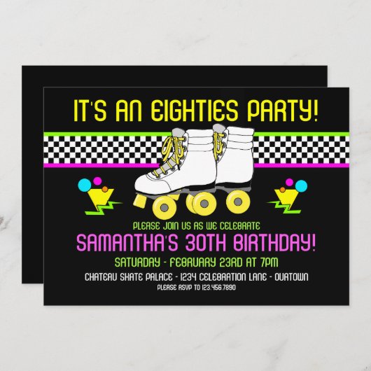 Retro 80s Schaats Party Birthday Uitnodigingen (Voorkant / Achterkant)