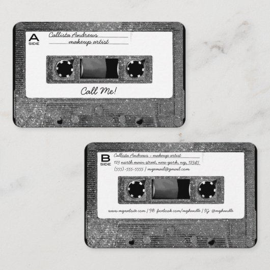 Retro 80's Silver Glitter Cassettebandje Mixtape Visitekaartje (Voorkant / Achterkant)