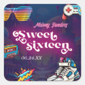 Retro 80's Sweet 16 Verjaardagsfeest Vierkante Sticker (Voorkant)