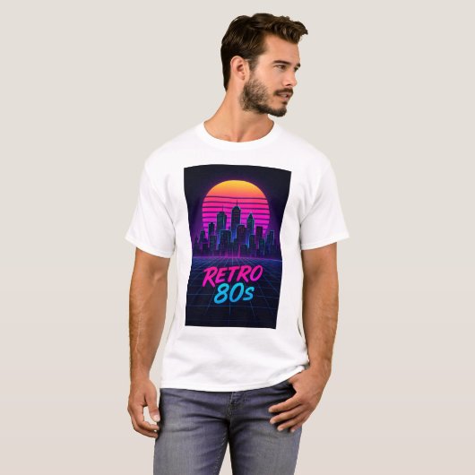 Retro 80s Synthwave City Skyline T-Shirt (Voorkant volledig)