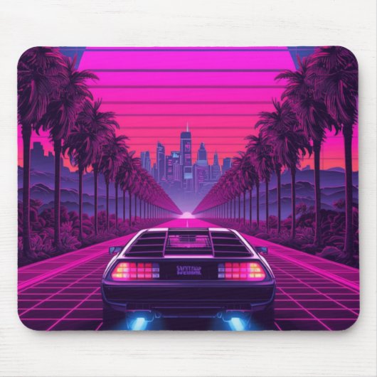 Retro 80s Synthwave Neon Auto Bureaumat & Muismat (Voorkant)