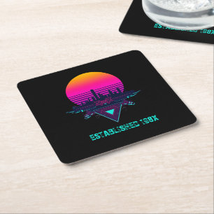 Retro 80s Synthwave Stad Neon Bureaumatje Kartonnen Onderzetters