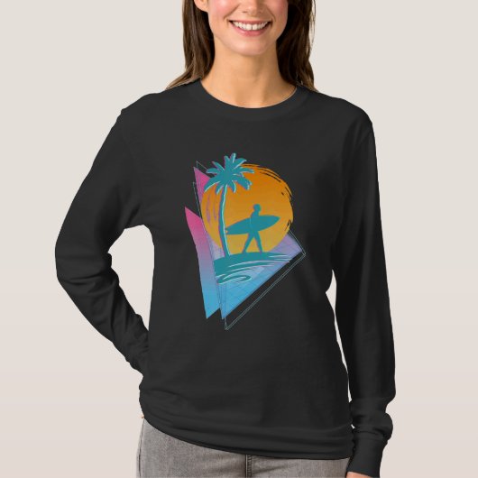 Retro 80s Synthwave Surfing Surfer Palm Trees Vapo T-shirt (Voorkant)