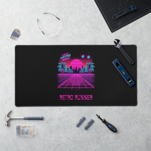 Retro 80s Synthwave Vaporwave Neon Grid Landschap Bureaumat (Werkstation)