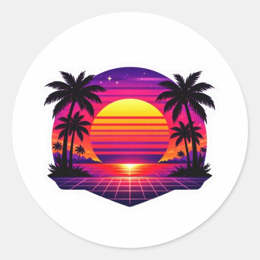 Retro 80s Synthwave Zonsondergang Palmboom Sticker (Voorkant)