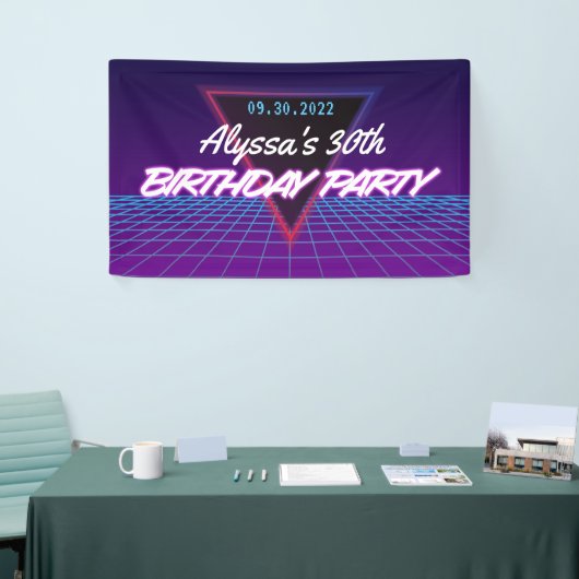 Retro 80s Theme Neon Paarse Roze Verjaardagsfeestj Spandoek (Beurs)