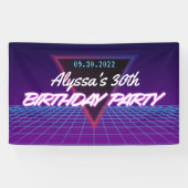 Retro 80s Theme Neon Paarse Roze Verjaardagsfeestj Spandoek (Horizontaal)