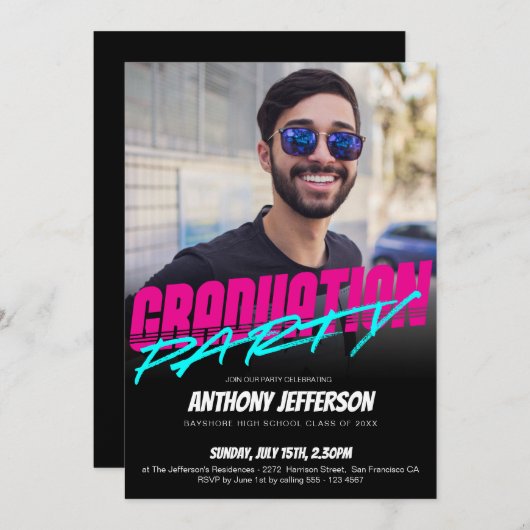 Retro 80s Typografie Neon Fun Afstuderen Custom Kaart (Voorkant / Achterkant)