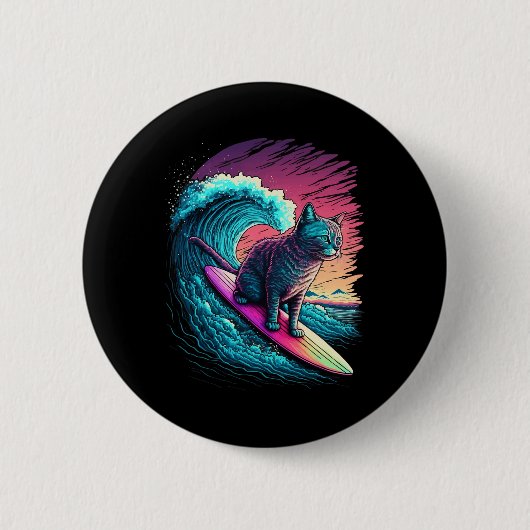 Retro 80s Vaporwave Synthwave Oude Surfende Kat  Ronde Button 5,7 Cm (Voorkant)