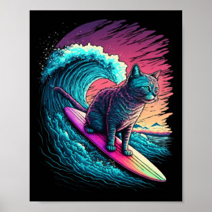 Retro 80s Vaporwave Synthwave Vintage Surfende Kat Poster