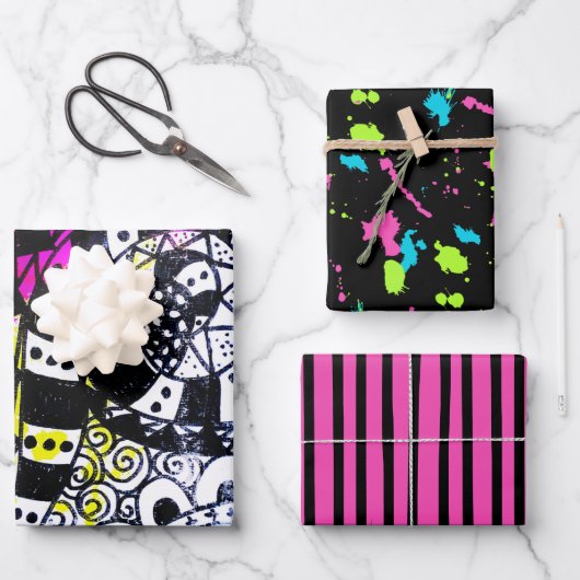 Retro 80s verf splatter strepen graffiti doedels inpakpapier vel (Voorkant)