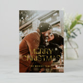 Retro 80s Vrolijke Kerstfoto Goud Folie Feestdagenkaart (Staand Voorkant)
