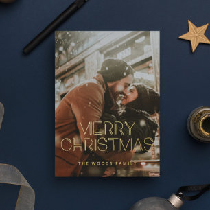 Retro 80s Vrolijke Kerstfoto Goud Folie Feestdagenkaart