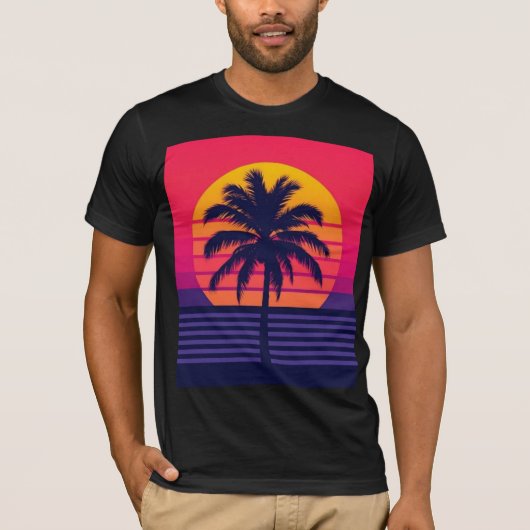 Retro 80s Zonsondergang Palmboom Synthwave Kunst T-shirt (Voorkant)