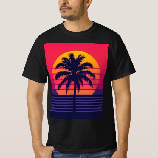 Retro 80s Zonsondergang Palmboom Synthwave Kunst T-shirt (Voorkant)