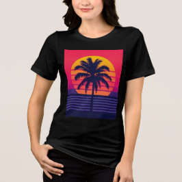 Retro 80s Zonsondergang Palmboom Synthwave Kunst Tri-Blend Shirt