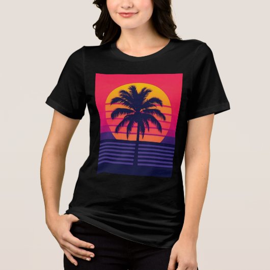 Retro 80s Zonsondergang Palmboom Synthwave Kunst Tri-Blend Shirt (Voorkant)