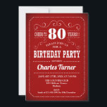 Retro 80th Birthday Party - Red White Kaart<br><div class="desc">80e verjaardag uitnodiging in rood en wit. Uitnodiging voor de geboorte van volwassenen voor mannen of vrouwen. Functies retro typografie scriptlettertype. Cheers tot 80 jaar! Elegant nodigt de kaart perfect uit voor een stijlvolle mijlpaal op de dag van de dag.</div>