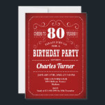 Retro 80th Birthday Party - Red White Kaart<br><div class="desc">80e verjaardag uitnodiging in rood en wit. Uitnodiging voor de geboorte van volwassenen voor mannen of vrouwen. Functies retro typografie scriptlettertype. Cheers tot 80 jaar! Elegant nodigt de kaart perfect uit voor een stijlvolle mijlpaal op de dag van de dag.</div>