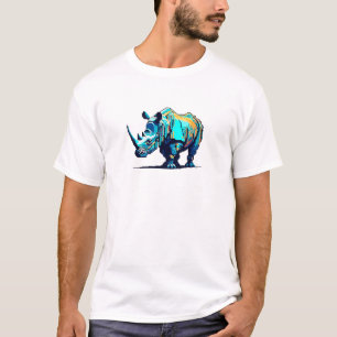 Retro 8-Bit Pixel Art Neushoorn Titaanblauw Oranje T-shirt