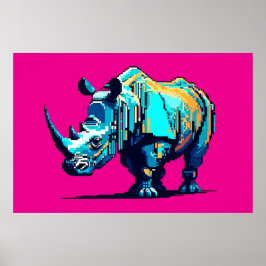 Retro 8-Bit Rhinoceros Pixel Art Gamer Room Poster