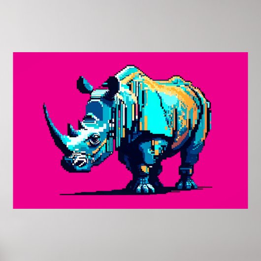 Retro 8-Bit Rhinoceros Pixel Art Gamer Room Poster (Voorkant)