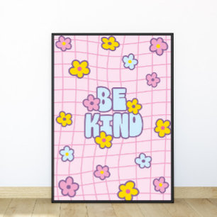 Retro 90s Be Kind Bloem Grid Patroon Perfect Poster
