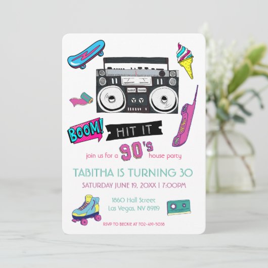 Retro 90's Birthday Party Invitation Kaart (Staand voorkant)