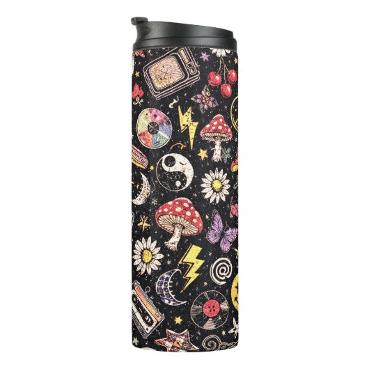 Retro 90s Celestial Psychedelic Pattern with Smile Thermosbeker (Geroteerd rechts)