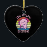 Retro 90s Grappige Je Axolotl Vragen Vintage Keramisch Ornament<br><div class="desc">Retro 90s Je Axolotl Vragen Vintage Zonsondergang cute, axolotl, liefhebber, cadeau, kawaii, grapig, vintage, zonsondergang, retro, axolotl vis, citaten, meme's, cadeaus, Je Axolotl Vragen
Grappige Axolotl T-shirt,  Cute Axolotl T-shirt, Vintage Zonsondergang met Axolotl,  Je Axolotl Vragen T-Shirt</div>