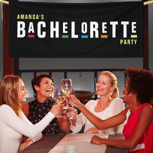 Retro 90s Kleurrijke Bachelorette Party Zwart Spandoek